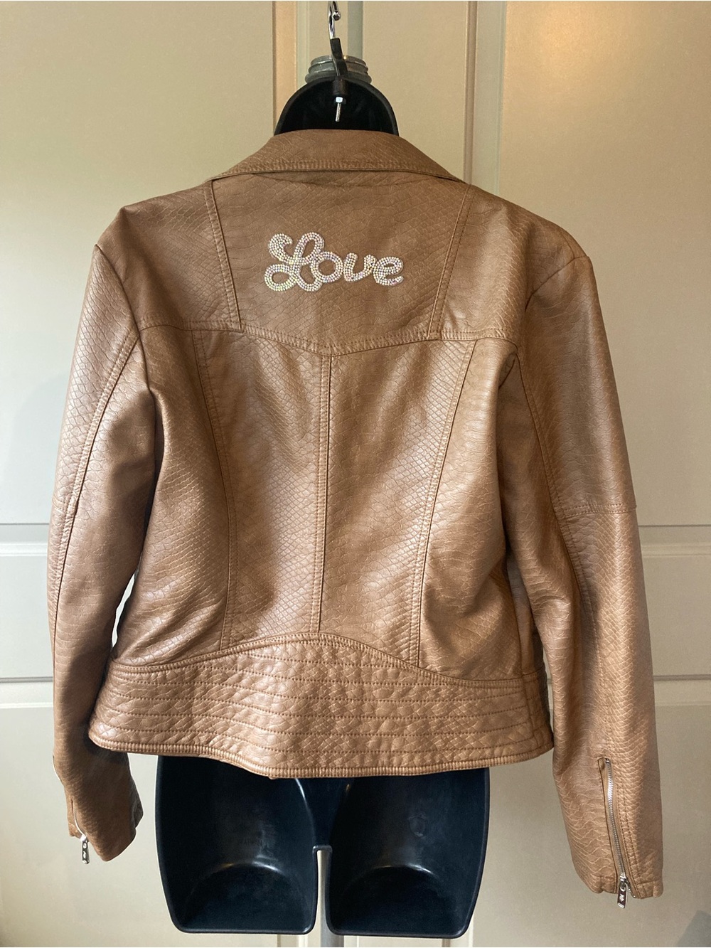 Tan Faux Leather Motorcycle Jacket Asymmetrical Design